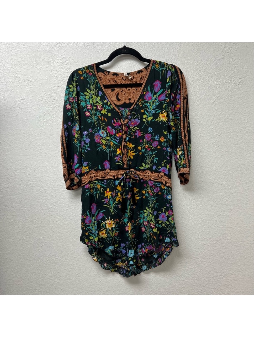 Spell Black Floral Lace-Trim Romper with Multicolor Blooms